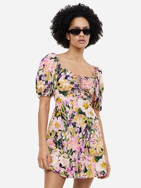 H&M Floral Puff-Sleeve Mini Dress with lace up bust detail in Pink Cotton